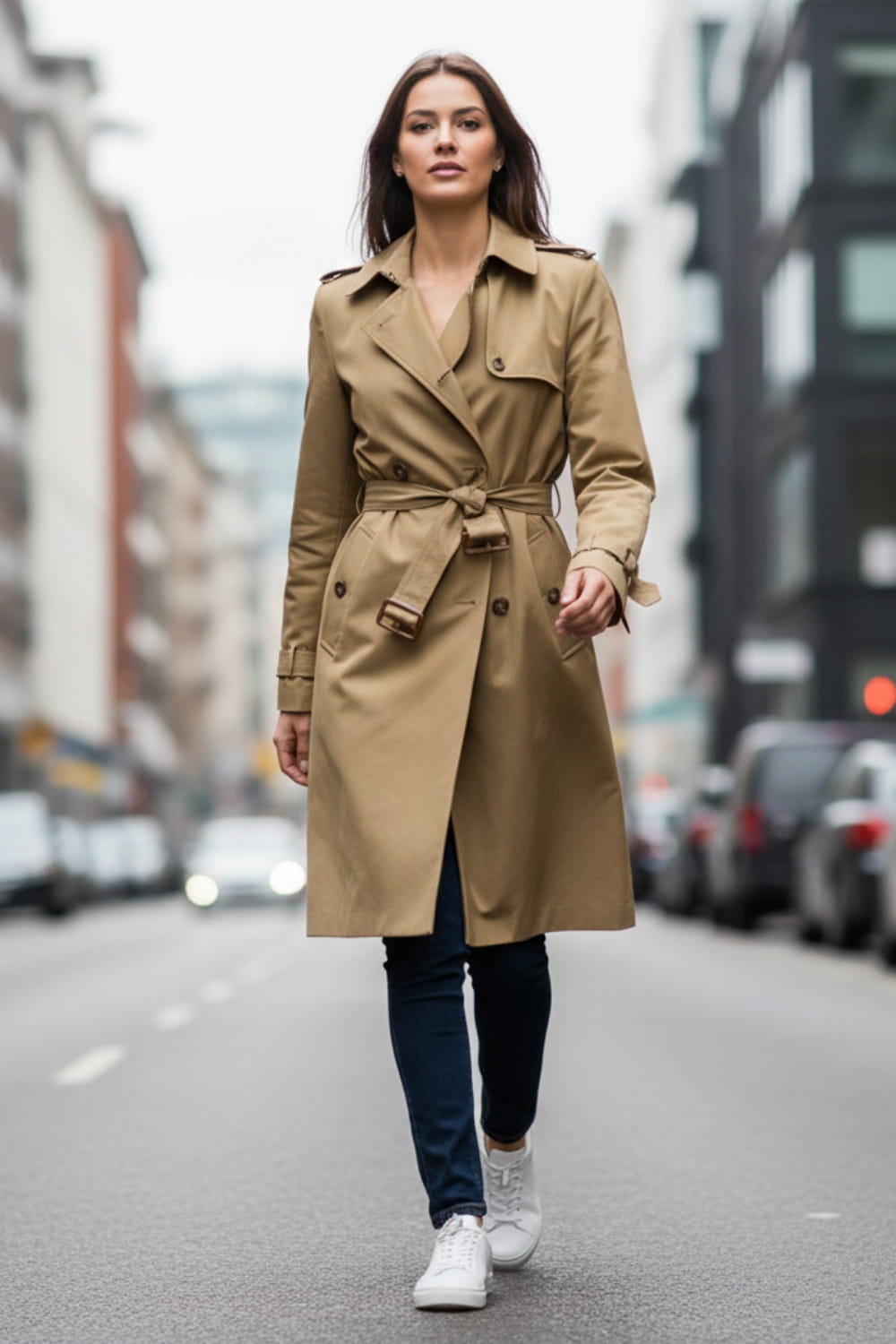 Woman wearing classic khaki belted trench coat with structured shoulders and storm flaps, demonstrating stylish winter coats for women