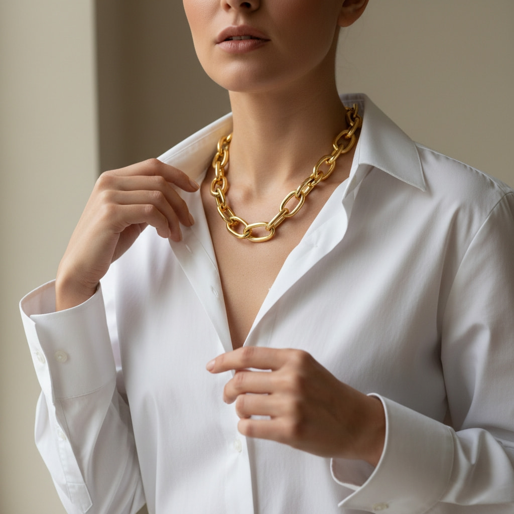 Chunky gold chain statement necklace styled with simple white button-down shirt