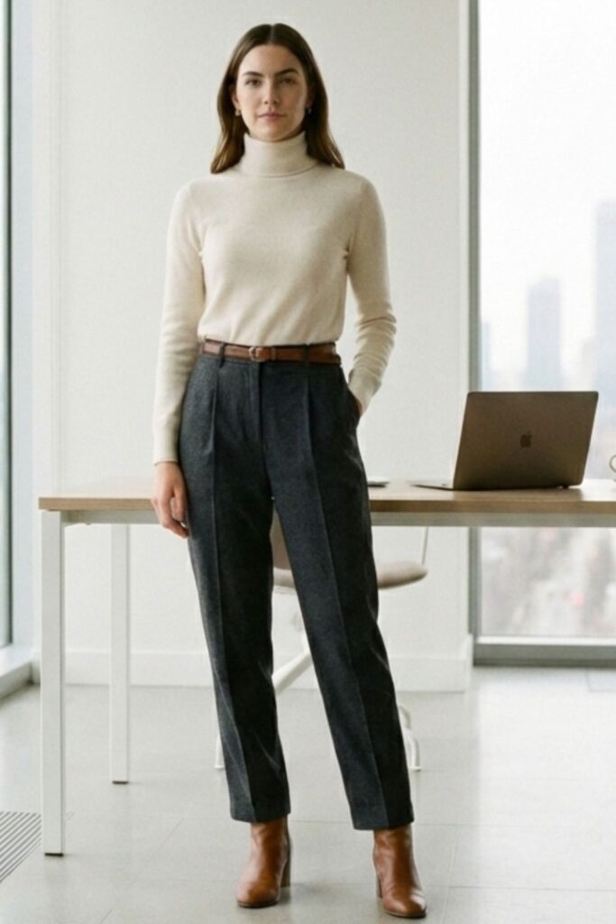 Professional woman wearing cream cashmere turtleneck tucked into charcoal grey tailored trousers with brown leather belt and cognac ankle boots in modern office setting
