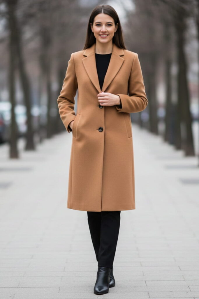 Elegant woman in camel-colored wool overcoat styled with black trousers and ankle boots, showcasing stylish winter coats for women