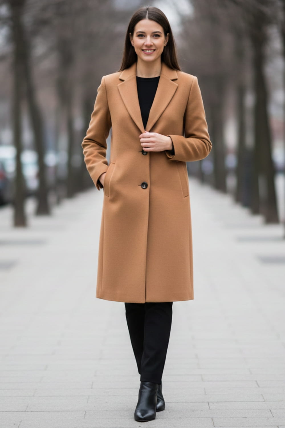 Elegant woman in camel-colored wool overcoat styled with black trousers and ankle boots, showcasing stylish winter coats for women