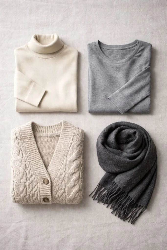 Flat lay of winter layering pieces including cream sweater and grey cardigan for London January