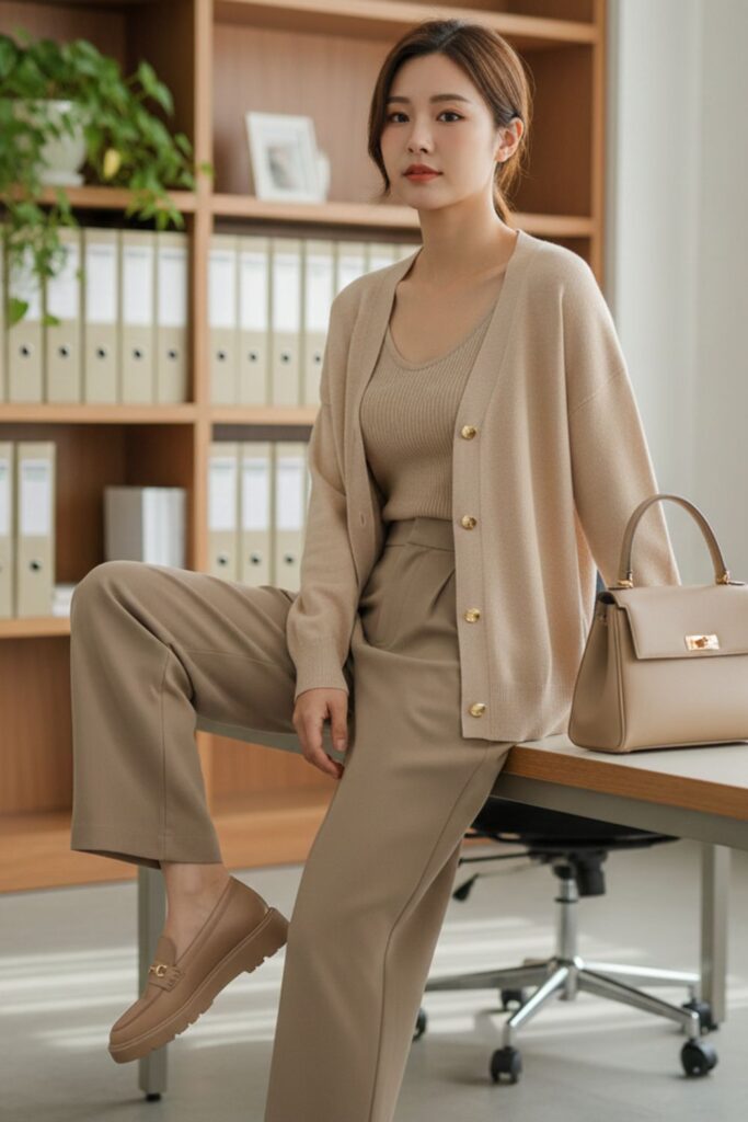 Sophisticated woman in all-black monochrome outfit with long charcoal grey wool coat, grey scarf and leather gloves in winter urban setting