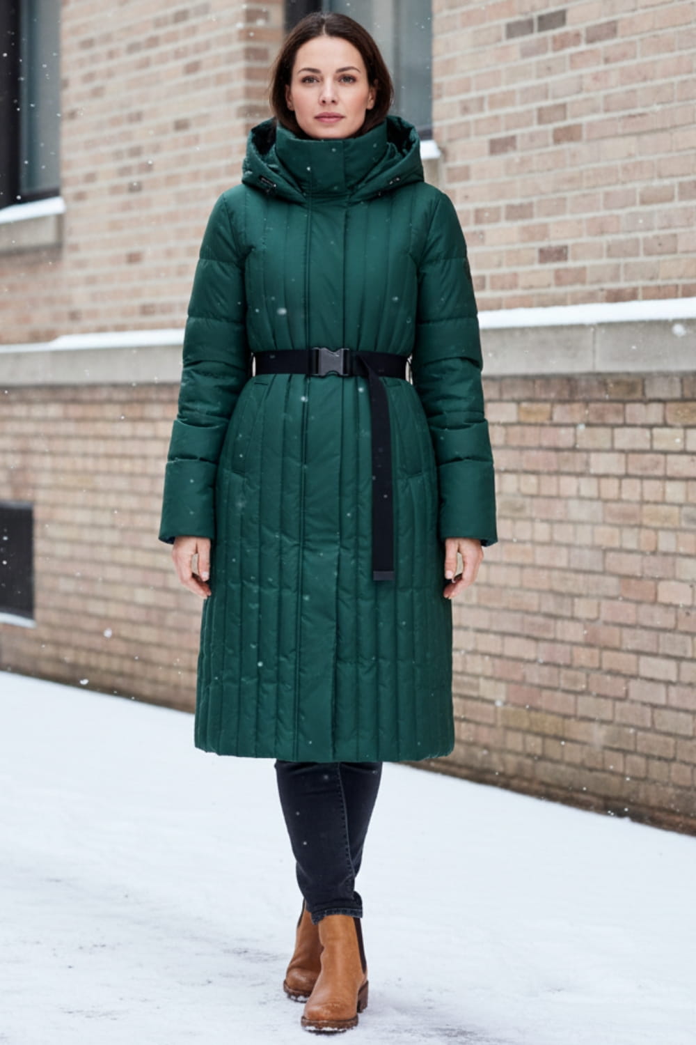 Stylish woman wearing forest green quilted longline puffer coat with adjustable belt and hood, showcasing best winter coats for women