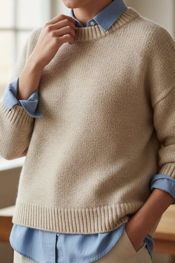 Woman wearing chambray shirt layered under knit sweater showing texture and proportions in winter outfit layering