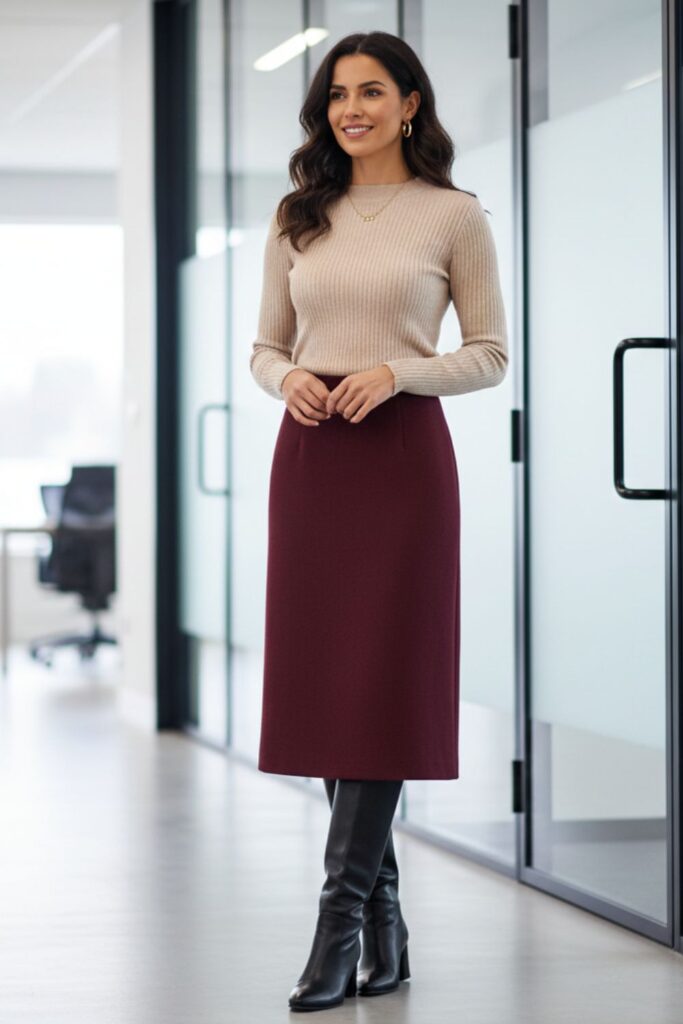 Woman in burgundy wool midi skirt paired with oatmeal knit sweater and black knee-high boots standing in contemporary office hallway