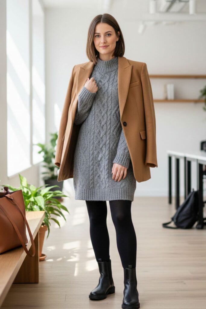Stylish woman wearing grey cable-knit dress with oversized camel blazer, black tights and Chelsea boots in bright modern workspace