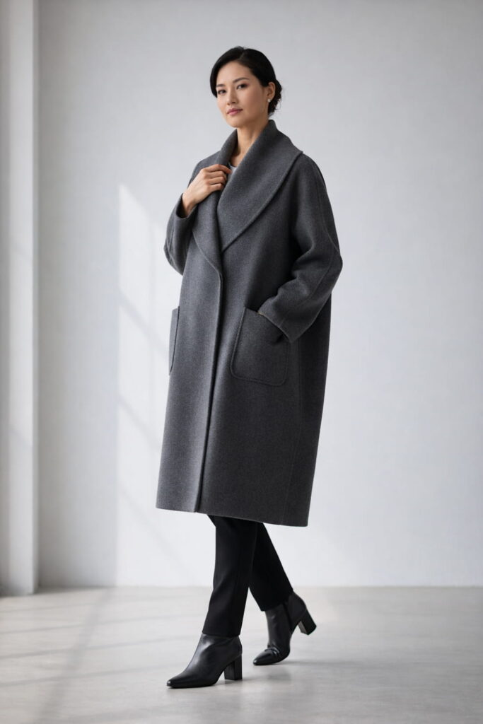 Stylish woman in charcoal grey oversized shawl collar coat with draped neckline and relaxed fit, showcasing essential winter coats for women