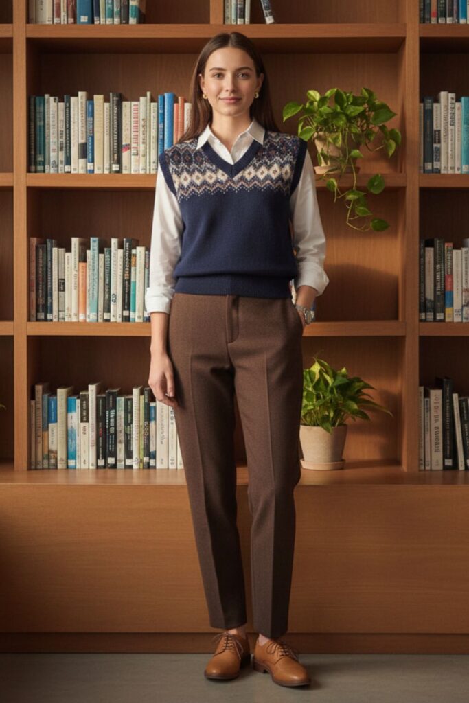 Professional woman wearing white button-down shirt layered under navy Fair Isle sweater vest with brown trousers and oxford shoes in office library