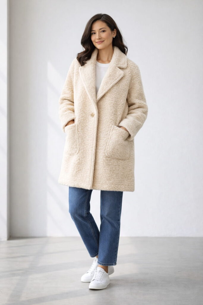 Woman in oversized cream-colored teddy bear coat with textured shearling fabric and jeans, showcasing trendy stylish winter coats for women