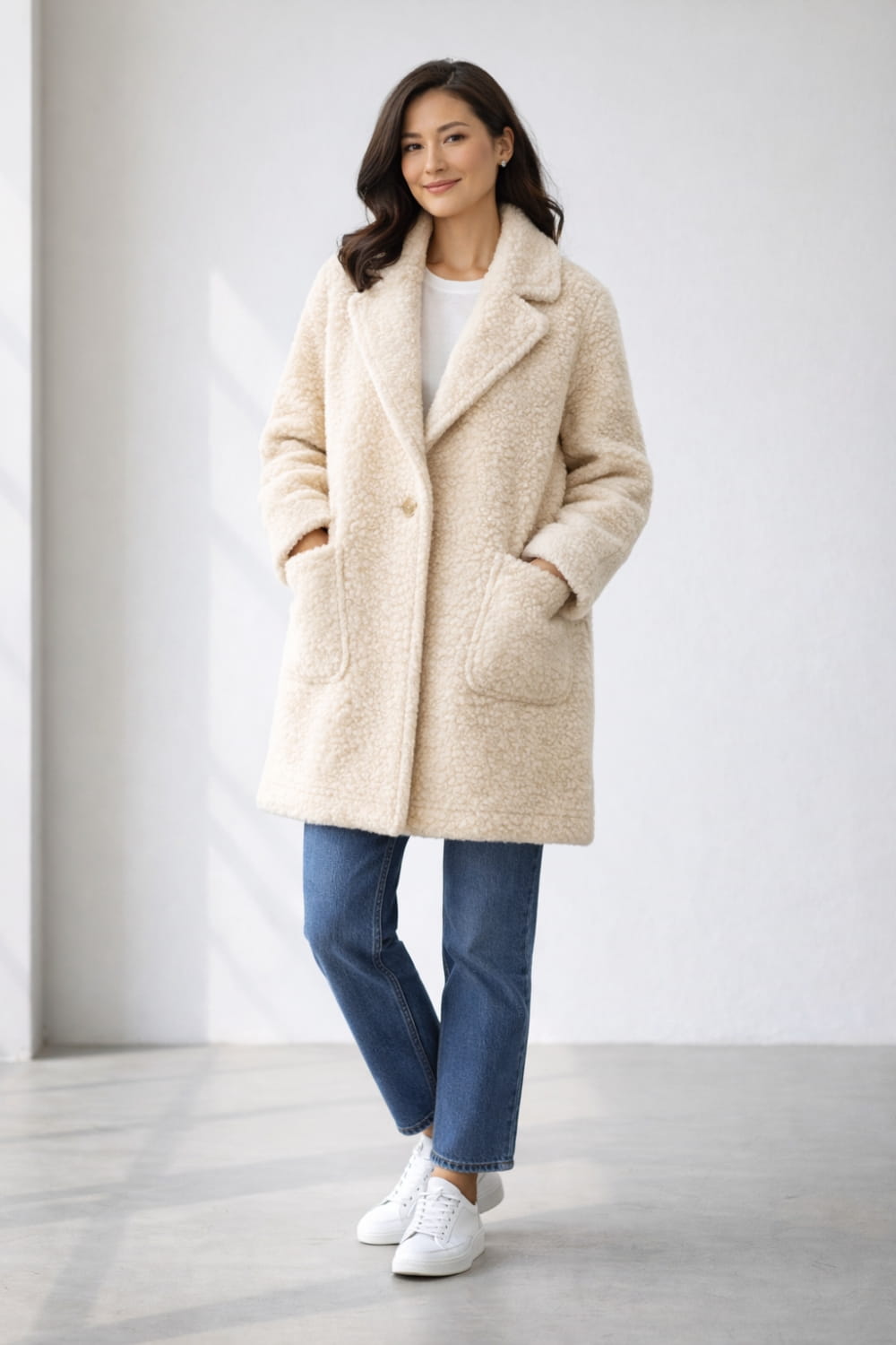 Woman in oversized cream-colored teddy bear coat with textured shearling fabric and jeans, showcasing trendy stylish winter coats for women