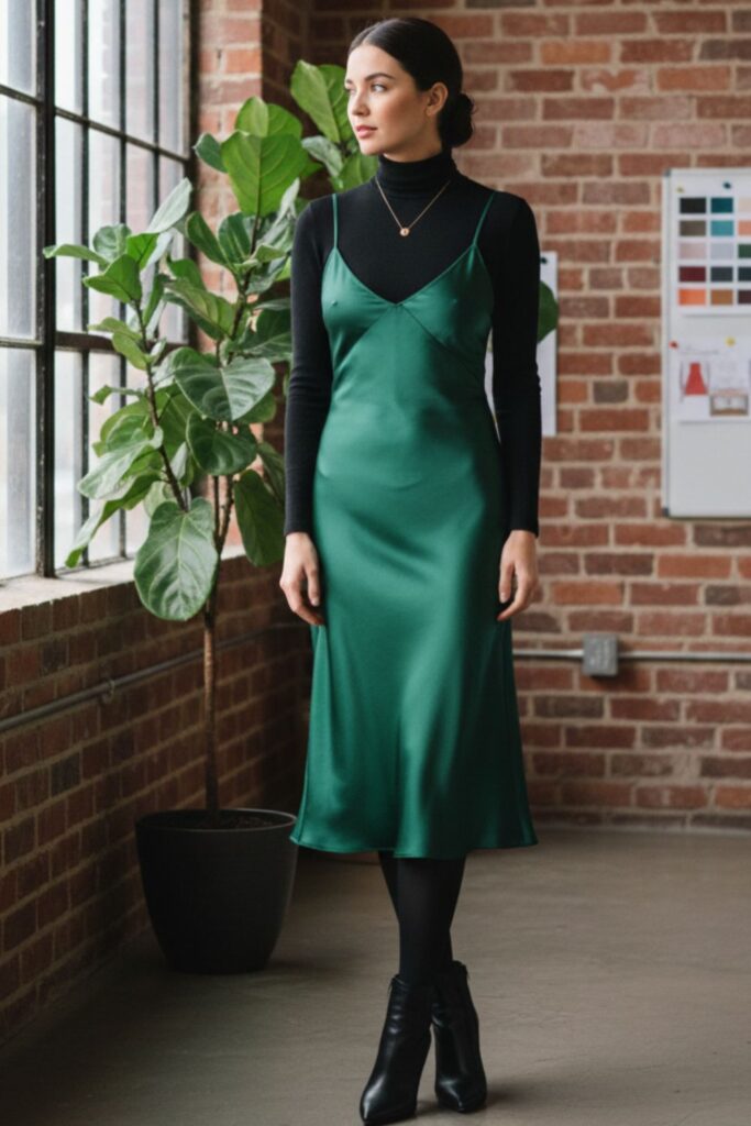 Elegant woman in black turtleneck layered under emerald green silk slip dress with opaque tights and ankle boots in creative office space