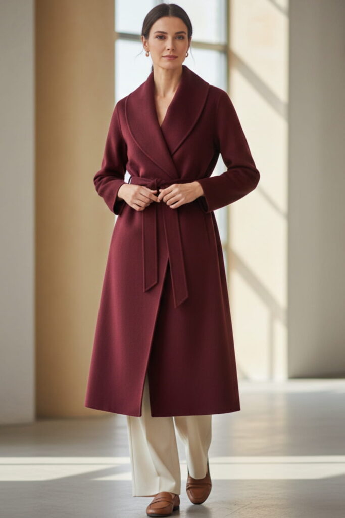 Elegant woman in burgundy wool-blend wrap coat with self-tie belt and wide-leg trousers, displaying chic winter coats every woman needs