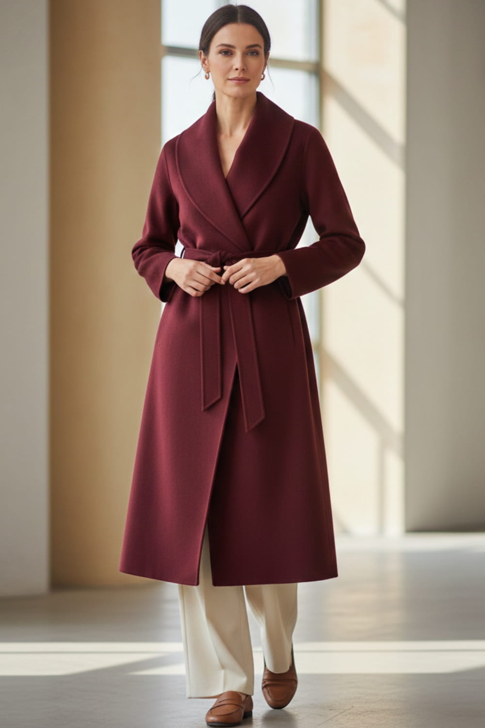 Elegant woman in burgundy wool-blend wrap coat with self-tie belt and wide-leg trousers, displaying chic winter coats every woman needs