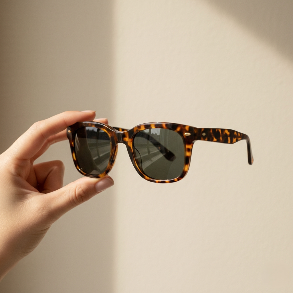 Classic tortoiseshell sunglasses on minimal display showcasing timeless eyewear accessory for women's everyday style