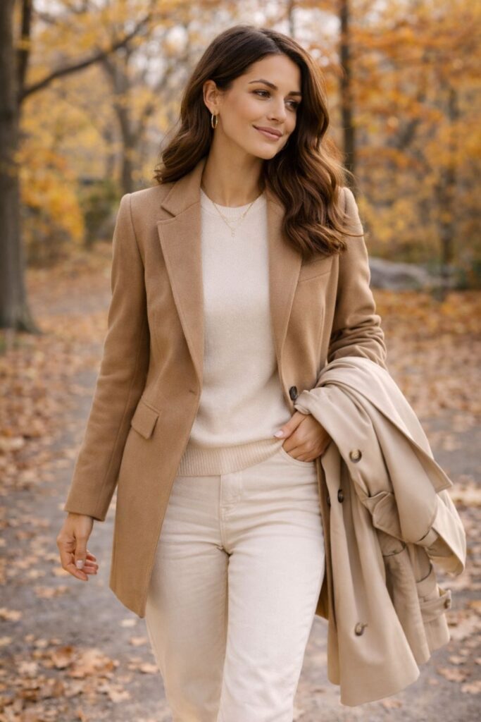 Woman carrying draped trench coat while wearing blazer demonstrating transitional weather layering tips for fall to spring