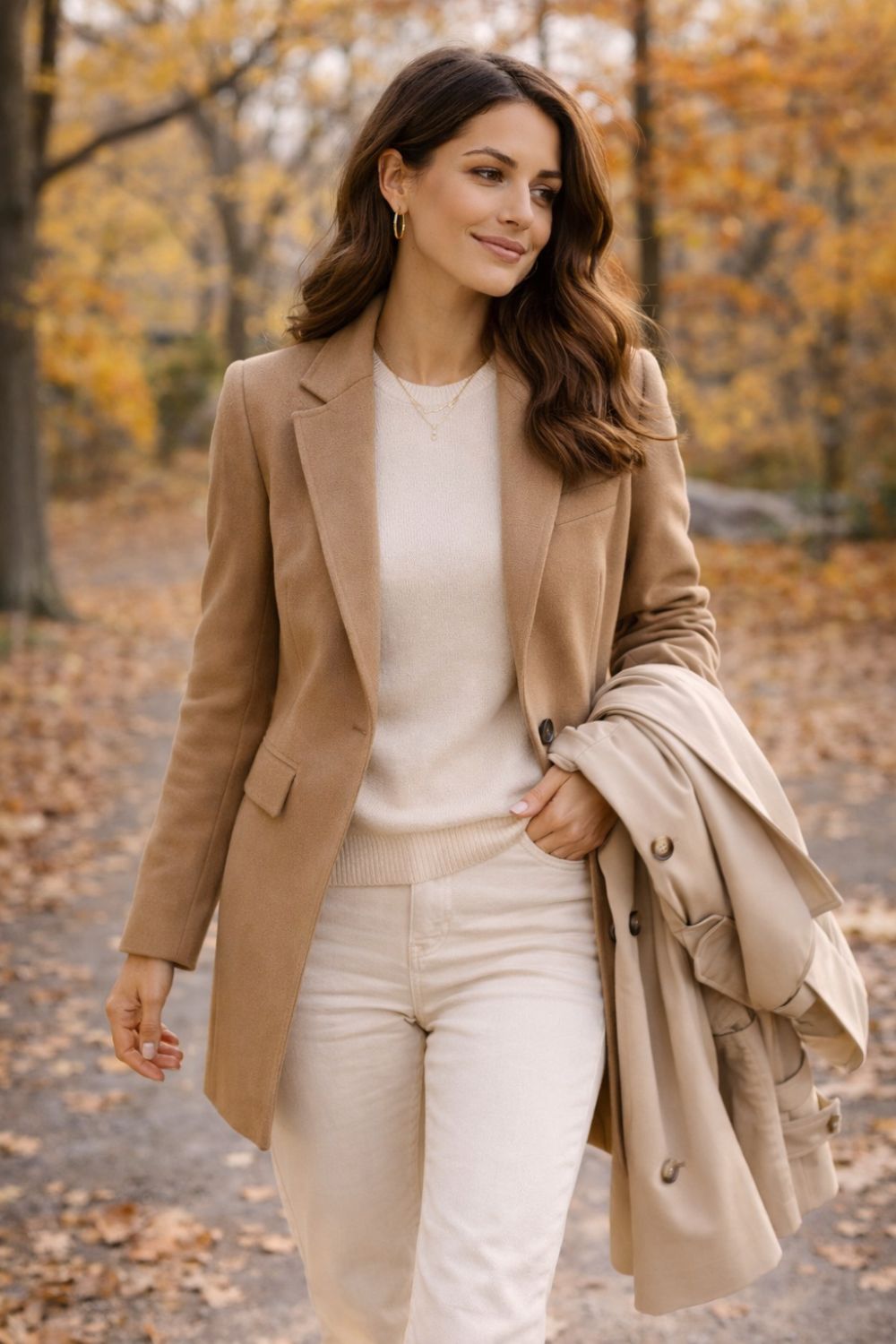 Woman carrying draped trench coat while wearing blazer demonstrating transitional weather layering tips for fall to spring
