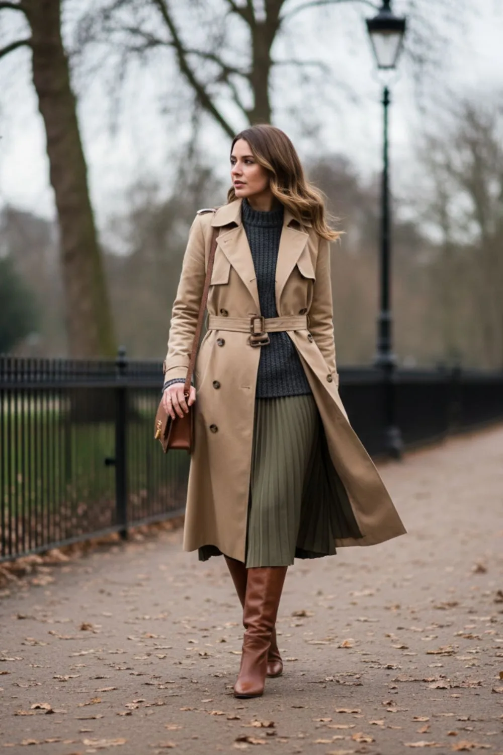 Trench Coat with Knitwear and Midi Skirt