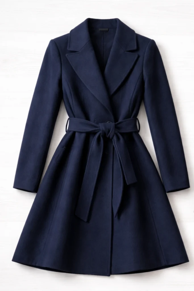 Flattering plus size winter coat with cinched belt and blazer arranged on white surface demonstrating fit and proportion