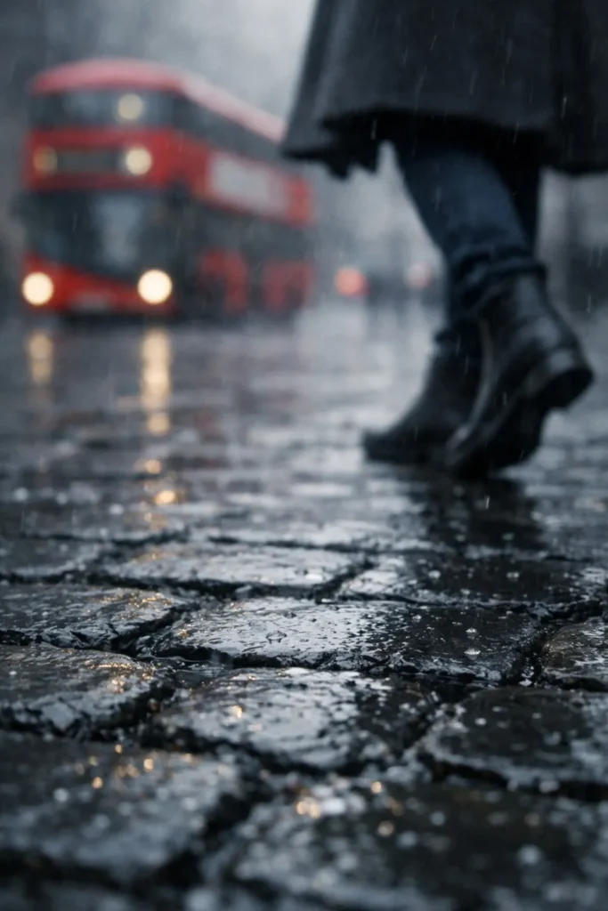 Wet cobblestone street in London during January rain with blurred bus in background