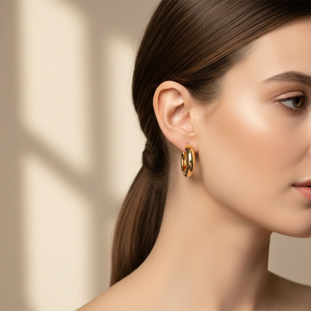 Gold hoop earrings worn by woman showcasing versatile day-to-night jewelry accessory with elegant minimal styling