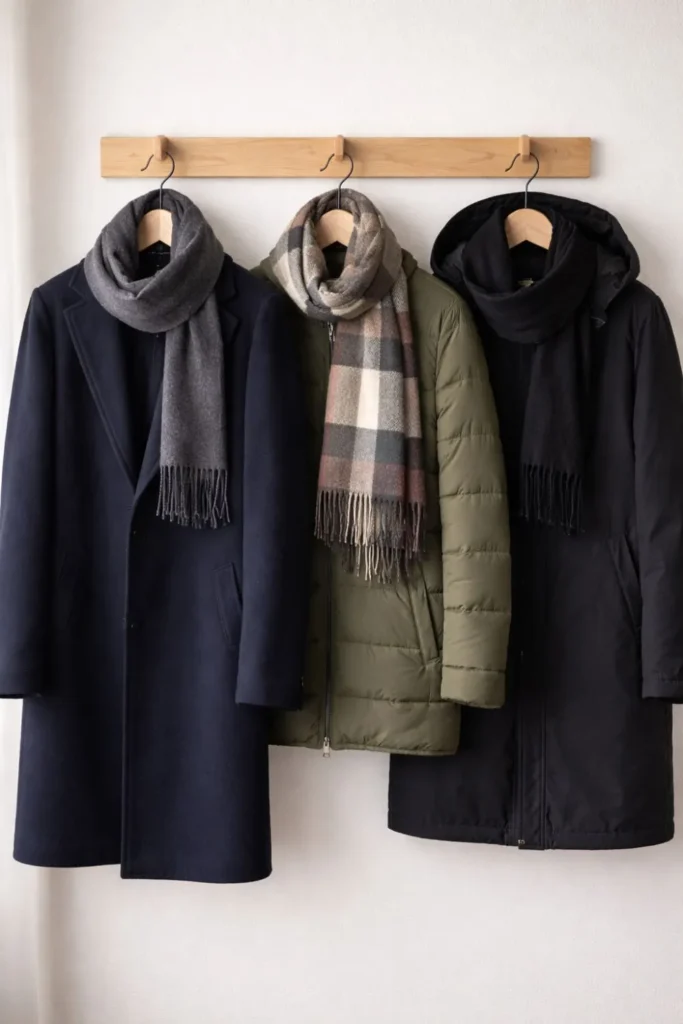 Three winter coats hanging on rack showing what to wear in London in January