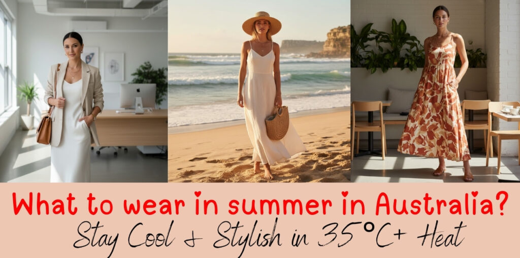 Woman wearing linen maxi dress and straw hat on Australian beach - summer fashion guide