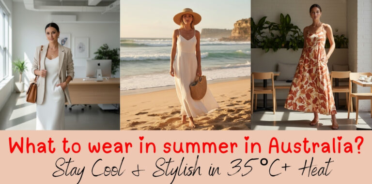 Woman wearing linen maxi dress and straw hat on Australian beach - summer fashion guide