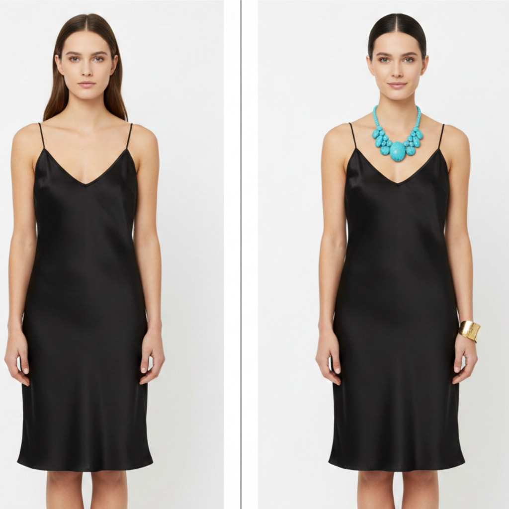 Before and after comparison showing how statement jewelry transforms a simple black dress outfit