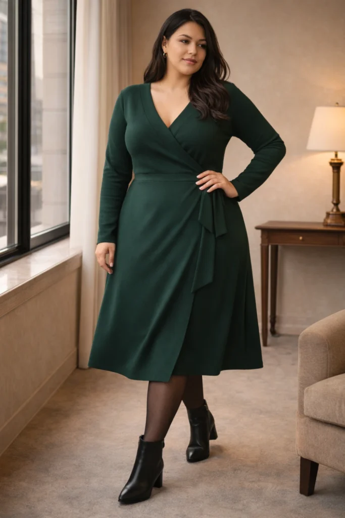 Plus size woman in flattering green wrap dress with defined waistline and V-neckline standing in natural window light