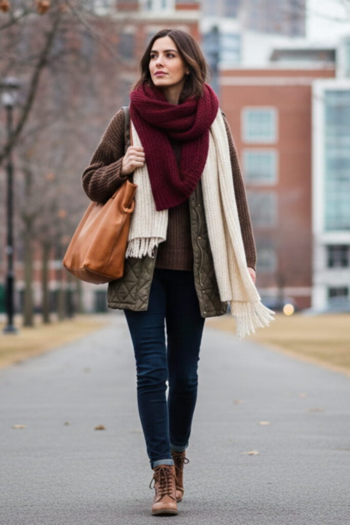 Woman in practical winter layered outfit with vest, sweater and scarf demonstrating functional cold weather dressing techniques
