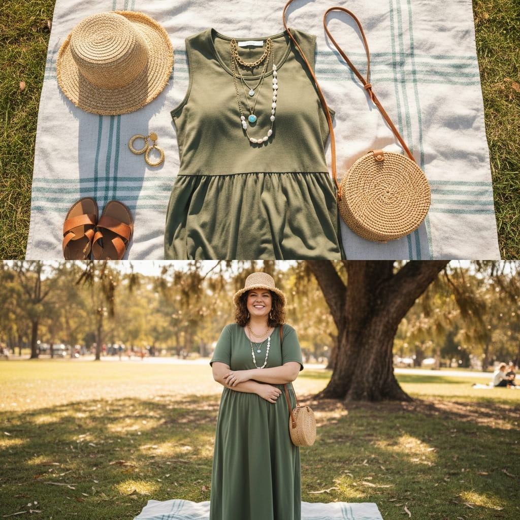 Accessorizing tips for plus size summer looks Australian women – hats jewelry bags elevating curvy outfits.
