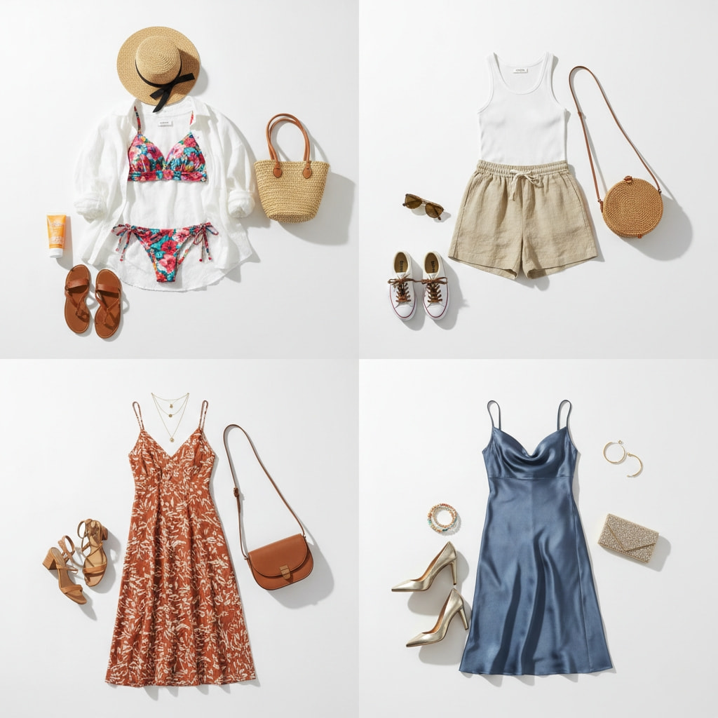 Four complete outfit ideas for what to wear in summer in Australia from beach to evening