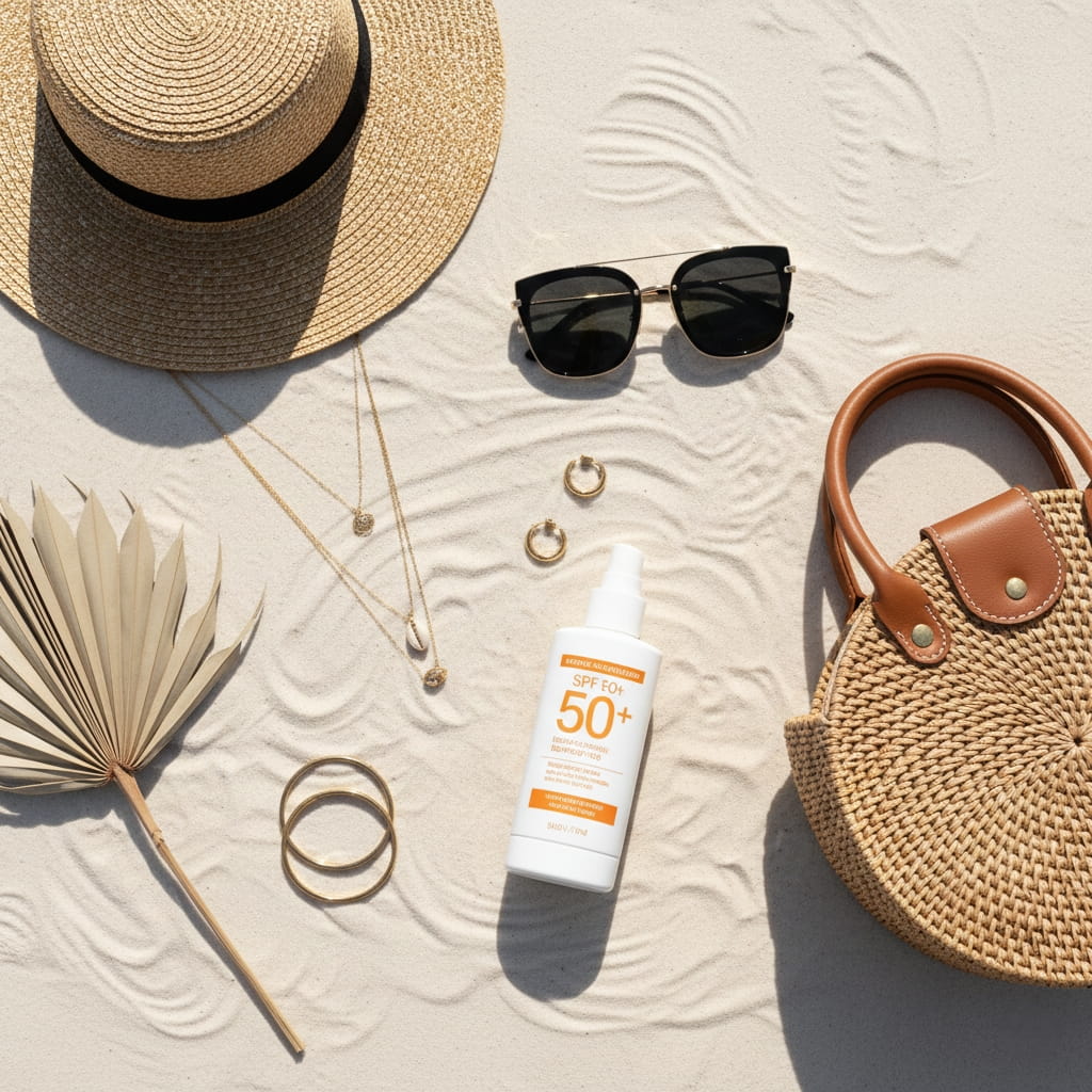 Essential sun protection accessories for Australian summer including hat, sunglasses and SPF