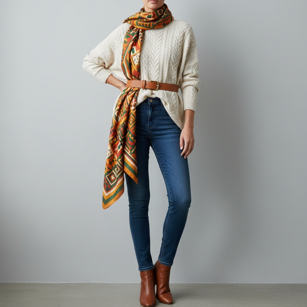 Belted scarf styling showing ultimate scarf styling hack to create flattering silhouette and definition