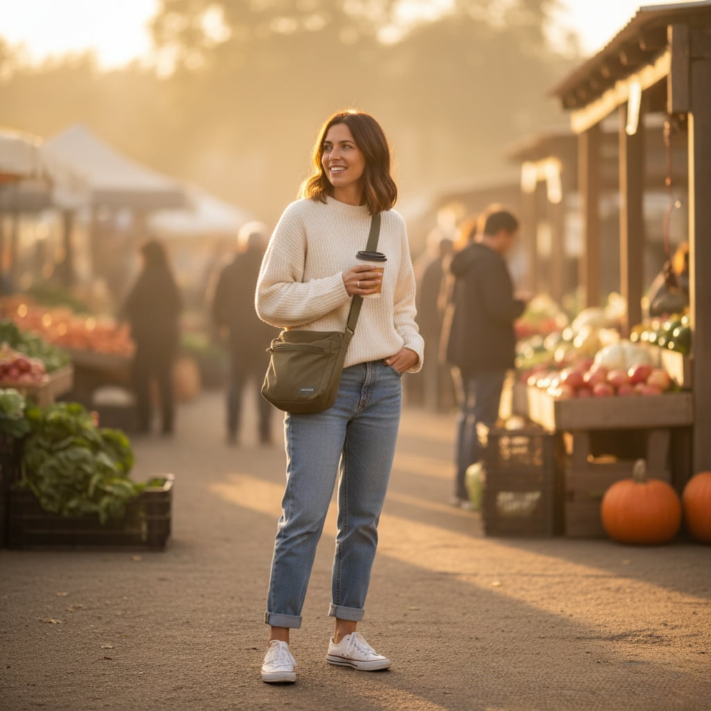 Woman styling casual canvas sling bag with weekend outfit at farmers market