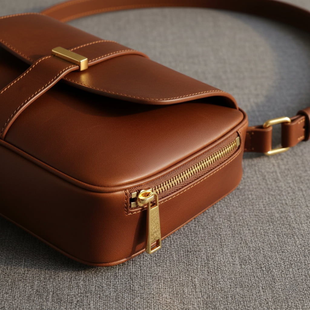 Premium brown leather crossbody sling bag with gold hardware and adjustable strap for women