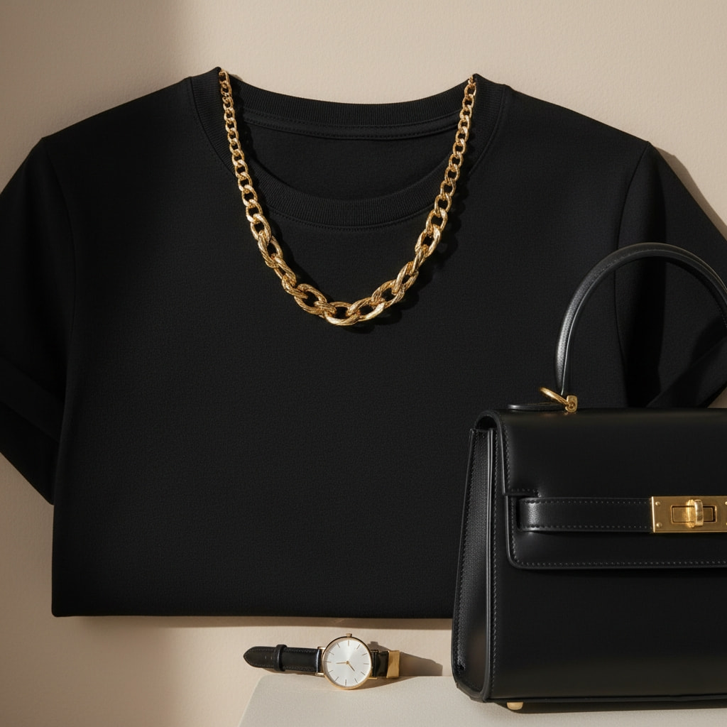 Simple black outfit elevated with statement gold necklace and accessories showing styling transformation