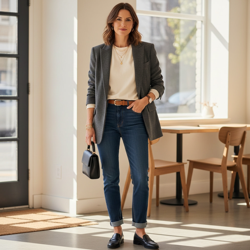 Complete elevated outfit showing polished styling with fitted basics, accessories, and quality shoes