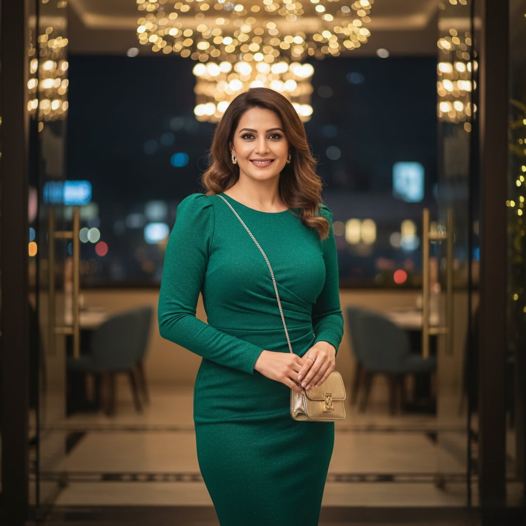 Woman styling small metallic gold sling bag with cocktail dress for evening occasion