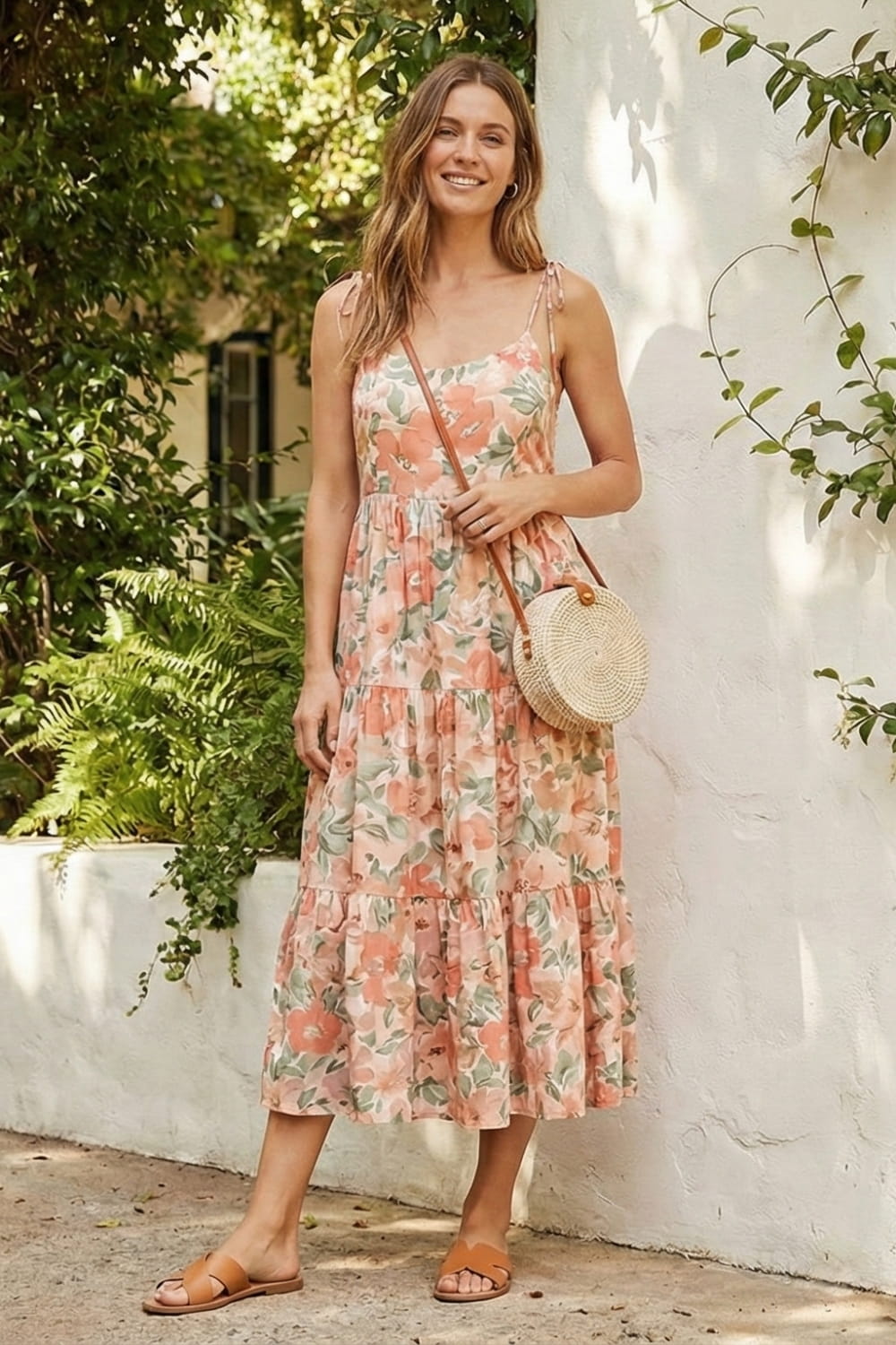 Floral midi sundress outfit with leather sandals and straw bag - casual summer dress ideas for Australian women