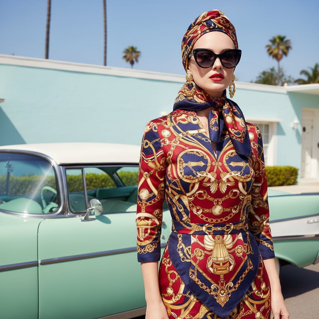 Vintage Hollywood glamour head wrap scarf style showing creative ways to style scarves beyond the neck
