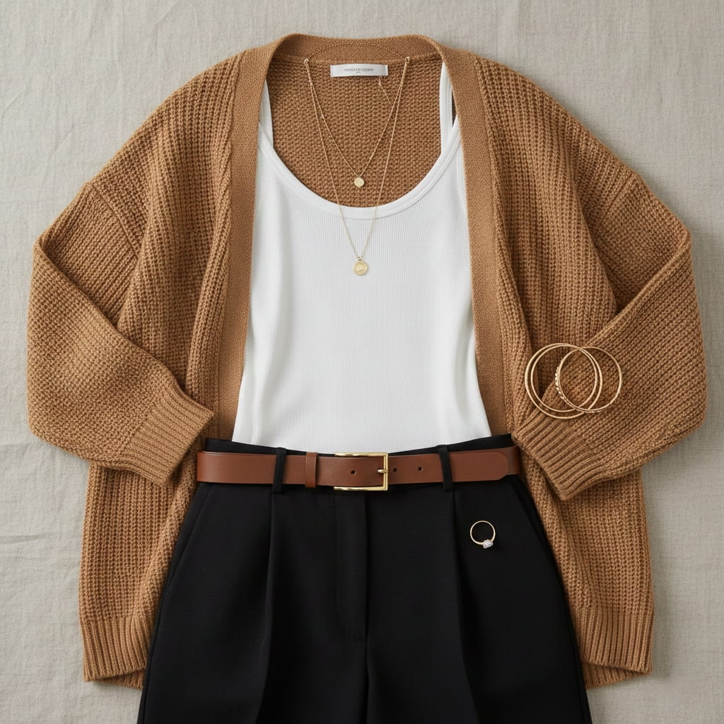 Layered outfit styling with cardigan over basic top demonstrating how to elevate simple clothes