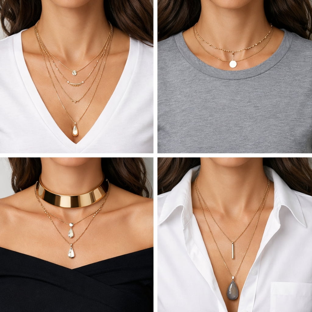 How to style layered necklaces with v-neck, crew neck, off-shoulder and button-up tops