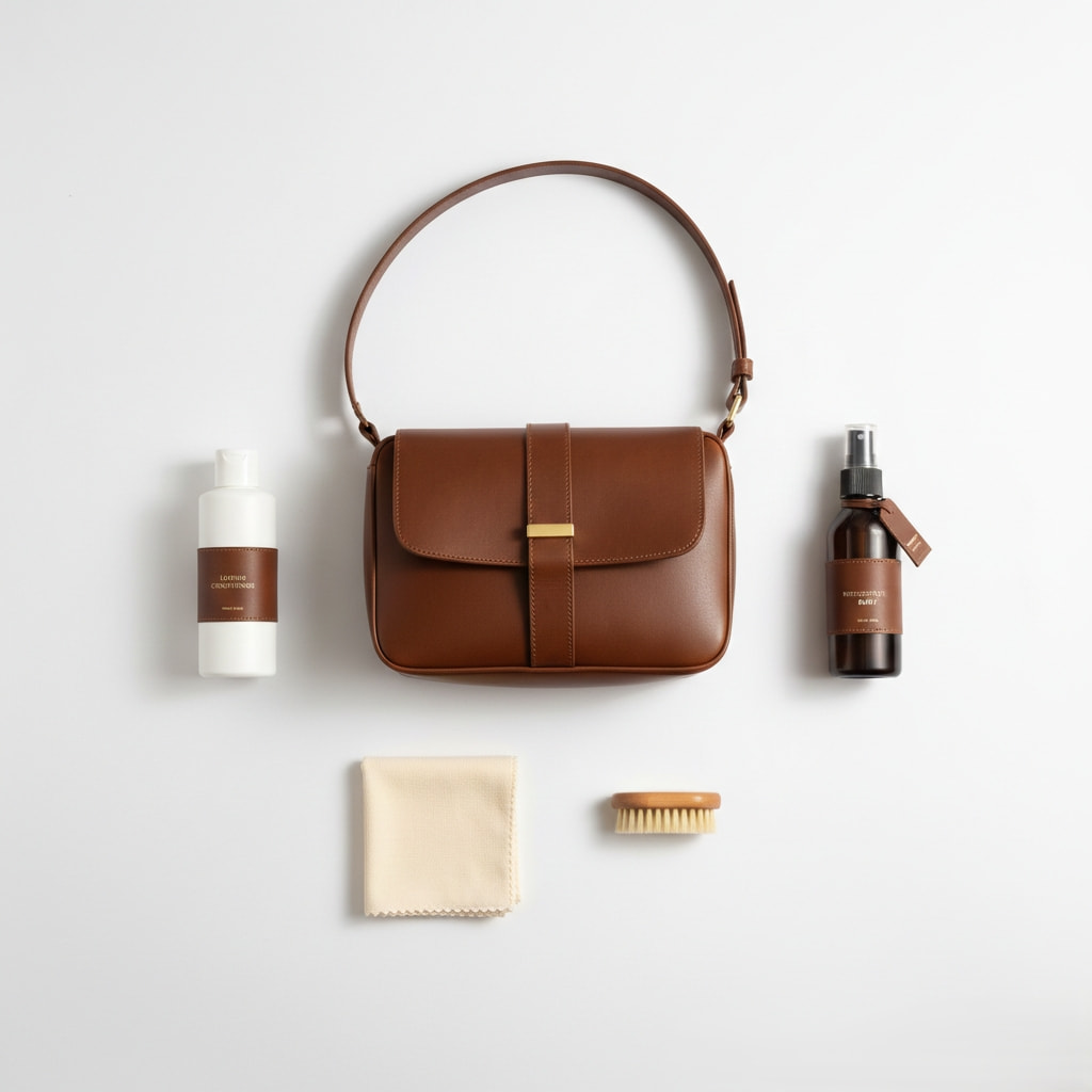Leather sling bag care and maintenance essentials including conditioner and cleaning supplies