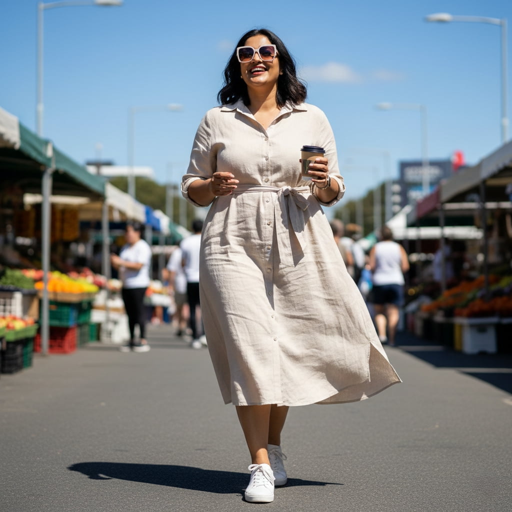 Curvy Australian woman rocking linen shirt dress sneakers for casual plus size summer look – perfect for market days in 40°C heat.