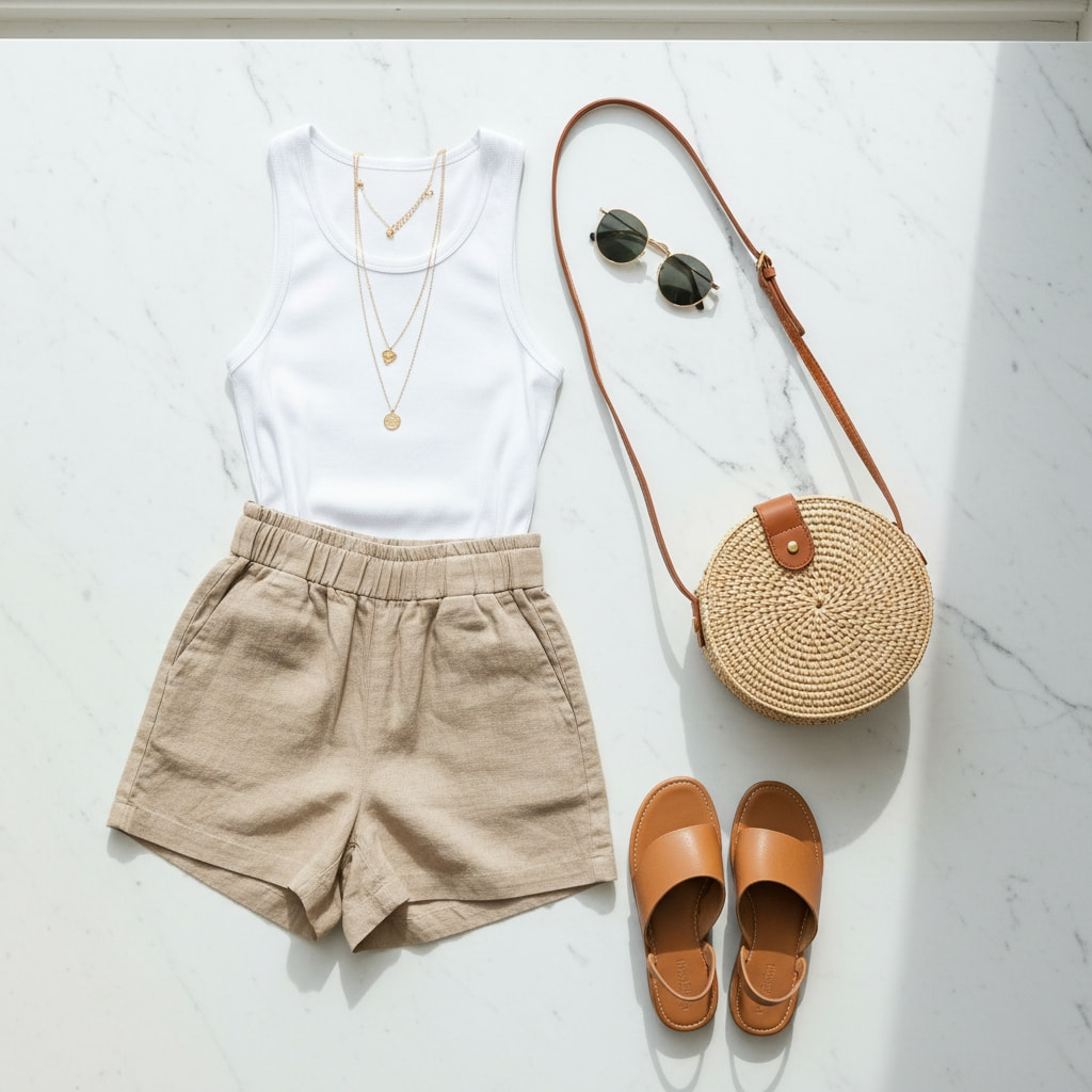 High-waisted linen shorts styled with tank top and accessories for Australian summer