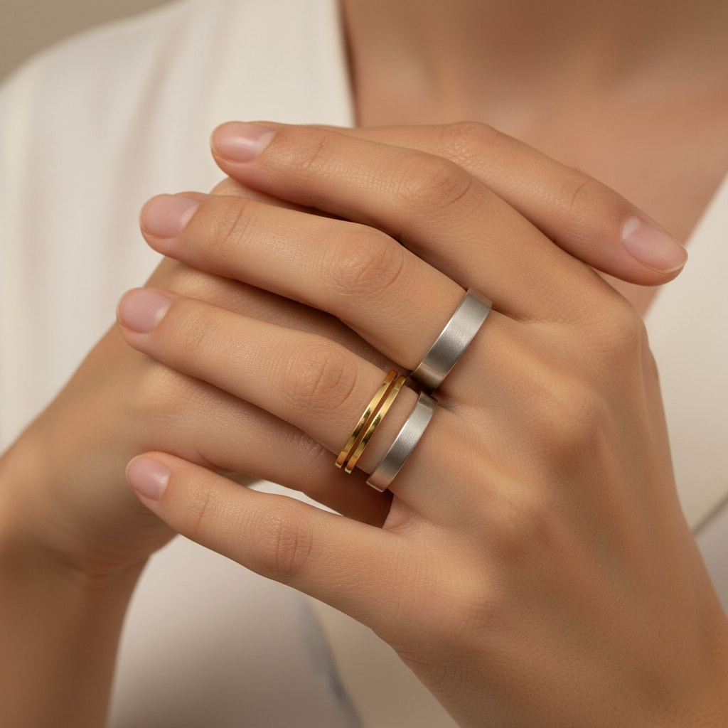 Simple minimalist band rings stacked on fingers showing minimal jewellery set for women daily wear