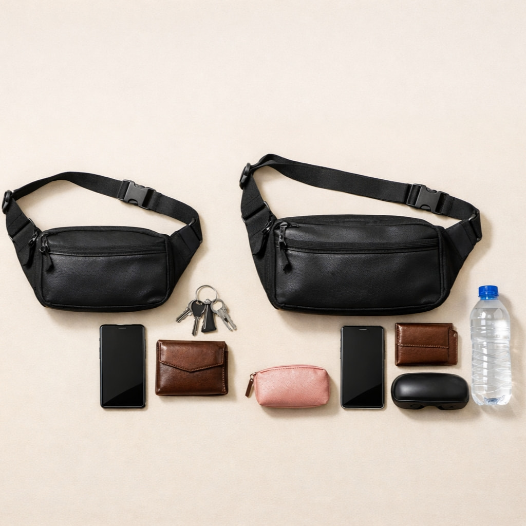 Small minimalist compact sling bag for women showing interior organization and essential items