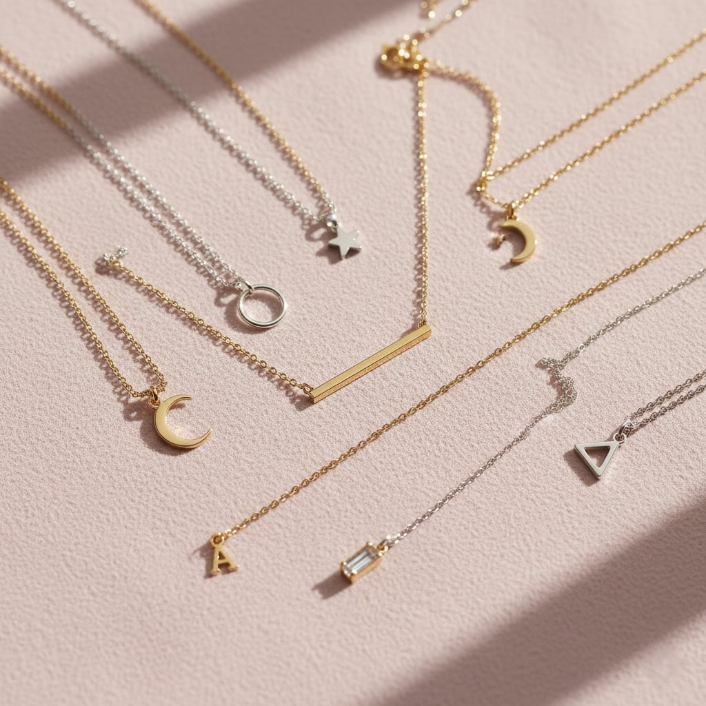 Minimalist pendant necklaces collection showing geometric and initial charms on delicate chains for daily wear